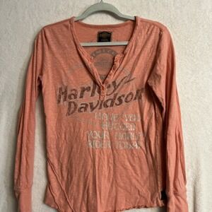 Harley Davidson Women's Long Sleeve Pink Button  Henley Size Large Slim Fit
